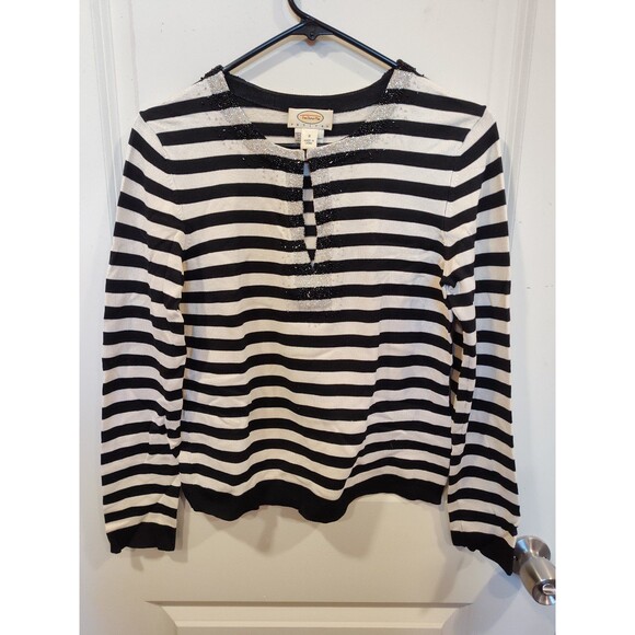 Women's Talbots Petites Silk Embellished Long Sleeve Shirt Small Black White - Picture 1 of 7